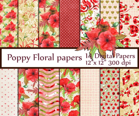 Poppies Floral Digital Paper Pack: "RED FLORAL PAPERS" vintage floral paper decoupage papers floral background Floral Digital  greeting card