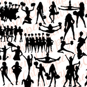May include: Black and white silhouette images of cheerleaders in various poses, including a group of cheerleaders forming a pyramid, a cheerleader holding a megaphone, and a cheerleader doing a back handspring.