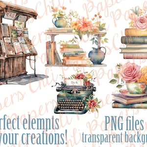 May include: A digital illustration set of vintage book-themed elements. The set includes a newspaper stand, a stack of books with flowers, a typewriter with flowers, and a teacup with flowers and a stack of books.