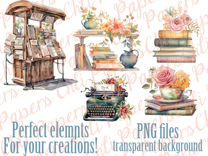 May include: A digital illustration set of vintage book-themed elements. The set includes a newspaper stand, a stack of books with flowers, a typewriter with flowers, and a teacup with flowers and a stack of books.