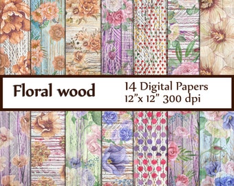 Wood Floral Paper: "FLORAL WOOD PAPER" Shabby digital paper Distressed textures Roses Background cottage Decoupage paper Vintage Floral