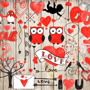 K&ouml;nnte beinhalten: Eine Sammlung von roten und schwarzen Illustrationen zum Valentinstag. Die Illustrationen beinhalten Herzen, Pfeile, Eulen, Pinguine, einen Amor und das Wort "love" in verschiedenen Stilen.