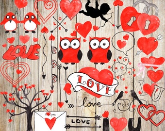 Love clipart: "VALENTINE CLIPART" Wedding clipart Heart Clipart Romantic Clipart arrow clipart  hand paint clip art Watercolor hearts