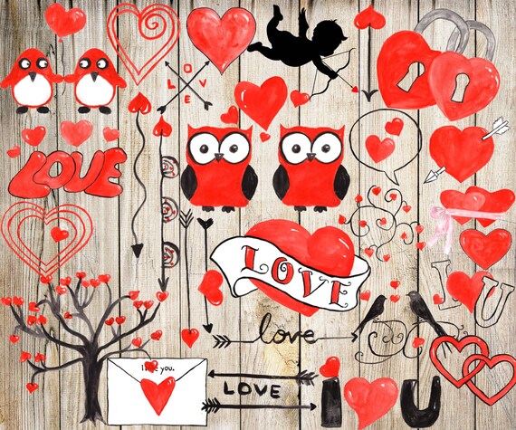 Love clipart: "VALENTINE CLIPART" Wedding clipart Heart Clipart Romantic Clipart arrow clipart  hand paint clip art Watercolor hearts