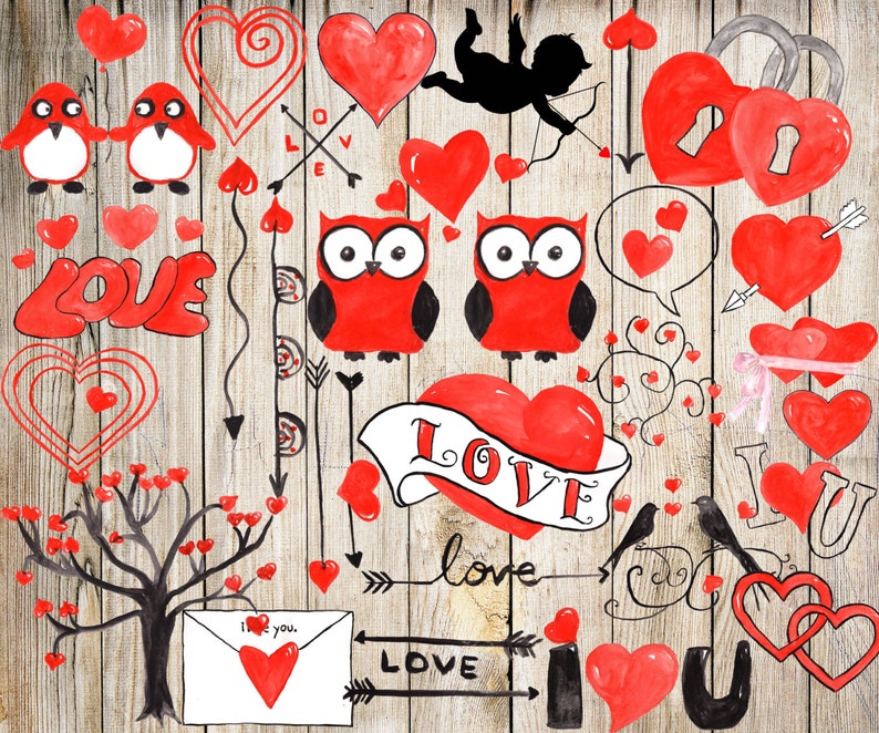 K&ouml;nnte beinhalten: Eine Sammlung von roten und schwarzen Illustrationen zum Valentinstag. Die Illustrationen beinhalten Herzen, Pfeile, Eulen, Pinguine, einen Amor und das Wort "love" in verschiedenen Stilen.