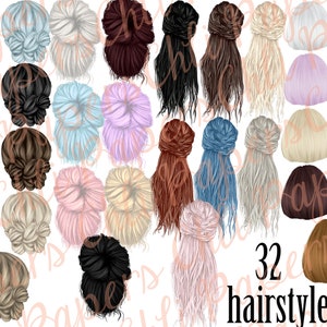 May include: A set of 32 different hairstyles for digital art and design. The hairstyles are drawn in a cartoon style and feature a variety of colours and styles.