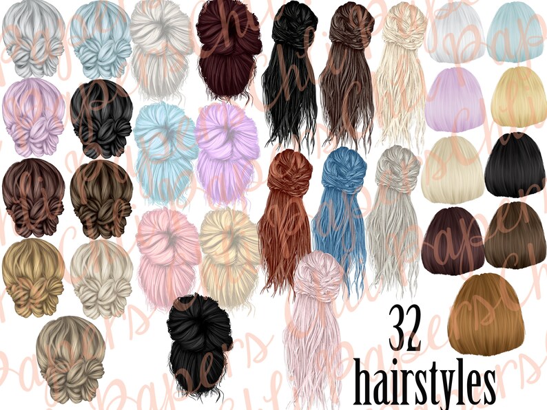May include: A set of 32 different hairstyles for digital art and design. The hairstyles are drawn in a cartoon style and feature a variety of colours and styles.