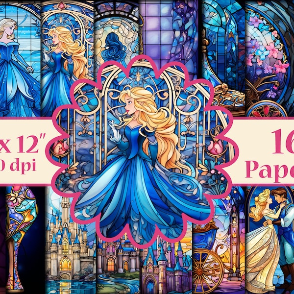 Cinderella Digital Papers,Stained glass digital papers,Stained Glass Digital Backgrounds, Fairytale papers,Cinderella printable,Princess Jpg
