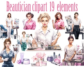 Puede incluir: Un conjunto de 19 ilustraciones digitales de esteticistas en varias poses, sosteniendo pinceles de maquillaje y herramientas. Las ilustraciones están en un estilo de acuarela y presentan una variedad de tonos de piel y colores de cabello. Las ilustraciones son perfectas para usar en proyectos relacionados con la belleza, como sitios web, redes sociales y materiales de marketing.