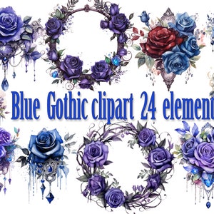 Blue roses clipart,Gothic roses clipart,Watercolor rose clipart,Floral Clipart,Black Flower Clipart,Blue Rose Wreath,Rose Sublimation