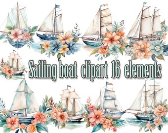 Sailboats Clipart,Watercolor Sailboats,Floral Sailboats Png,Sailing clip art,nautical clipart,Boat clipart,Nautical watercolor,Sail boat png