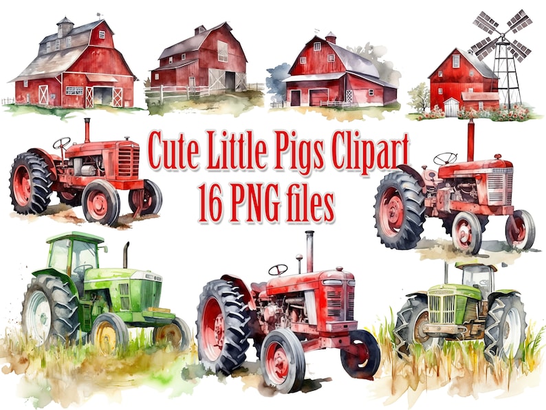 Pu&ograve; includere: Set di clipart ad acquerello di fienili rossi, mulini a vento e trattori. Questo set contiene 16 file PNG. Il testo "Cute Little Pigs Clipart" &egrave; scritto in lettere rosse su uno sfondo bianco.
