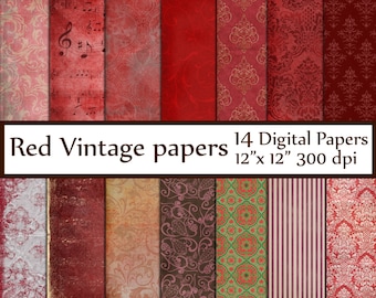May include: A set of 14 digital papers in red, brown, and green colors with various patterns, including floral, paisley, and geometric designs. The papers are 12 inches by 12 inches and 300 dpi.
