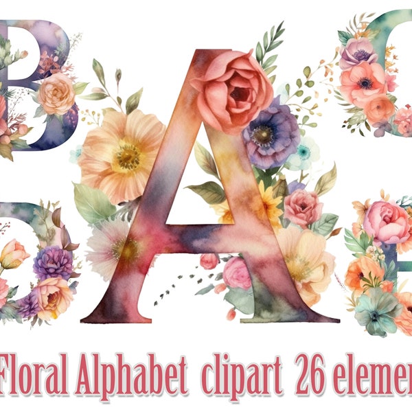 Floral Alphabet clipart, Floral Letters Png, Aquarelle Alphabet png, Mariage lettres png, Floral lettres clipart, Floral Clip art, Boho clipart