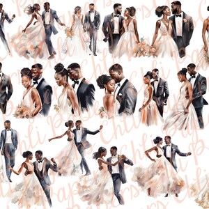 May include: A digital illustration of multiple couples in various poses. The couples are Black and are dressed in formal attire. The women are wearing white wedding dresses and the men are wearing black suits. The illustrations are painted in a watercolor style.