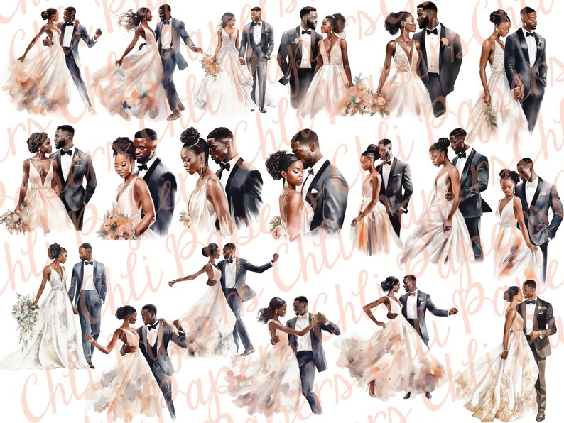 May include: A digital illustration of multiple couples in various poses. The couples are Black and are dressed in formal attire. The women are wearing white wedding dresses and the men are wearing black suits. The illustrations are painted in a watercolor style.