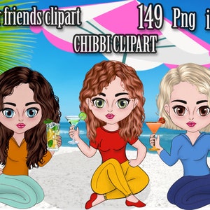 Chicas clipart Chibi chicas clipart,Mejores amigas sentadas,Chicas con cócteles,Chicas de verano,Chicas en la playa, Fashion Girls,Clipart personalizable