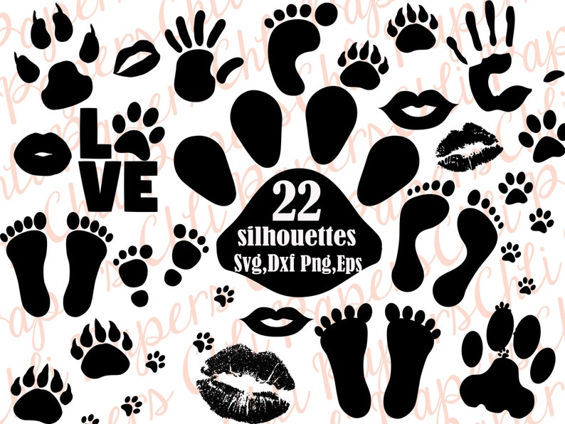 May include: A set of 22 black silhouette images, including paw prints, footprints, lips, and the word "LOVE". The images are perfect for crafting projects, scrapbooking, or digital design.
