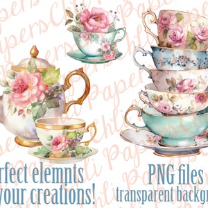 May include: A watercolor illustration of a tea set with a teapot, teacup, and saucer. The tea set is decorated with pink roses and gold accents. The background is white.