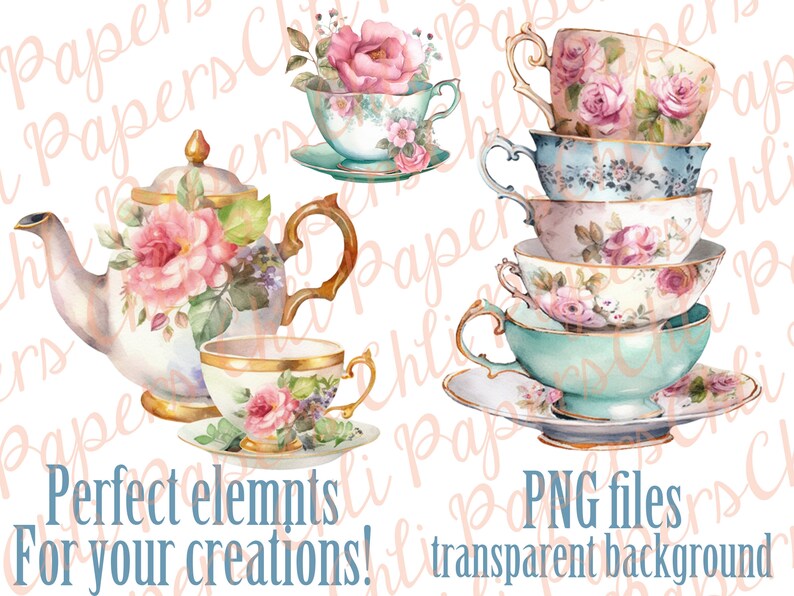 May include: A watercolor illustration of a tea set with a teapot, teacup, and saucer. The tea set is decorated with pink roses and gold accents. The background is white.