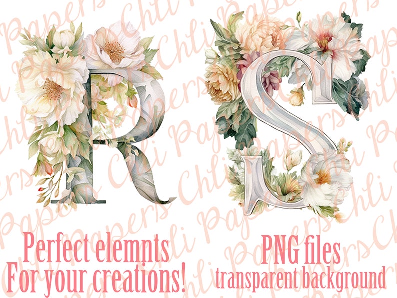 May include: Two watercolor floral letters, R and S, with white and cream flowers and green leaves. The letters are silver and have a vintage style.
