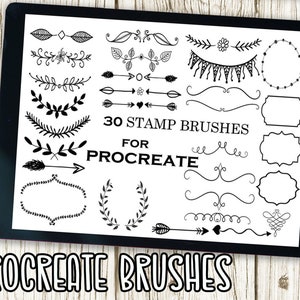 May include: A digital tablet screen displaying 30 black and white stamp brushes for Procreate. The brushes include arrows, wreaths, borders, and frames.
