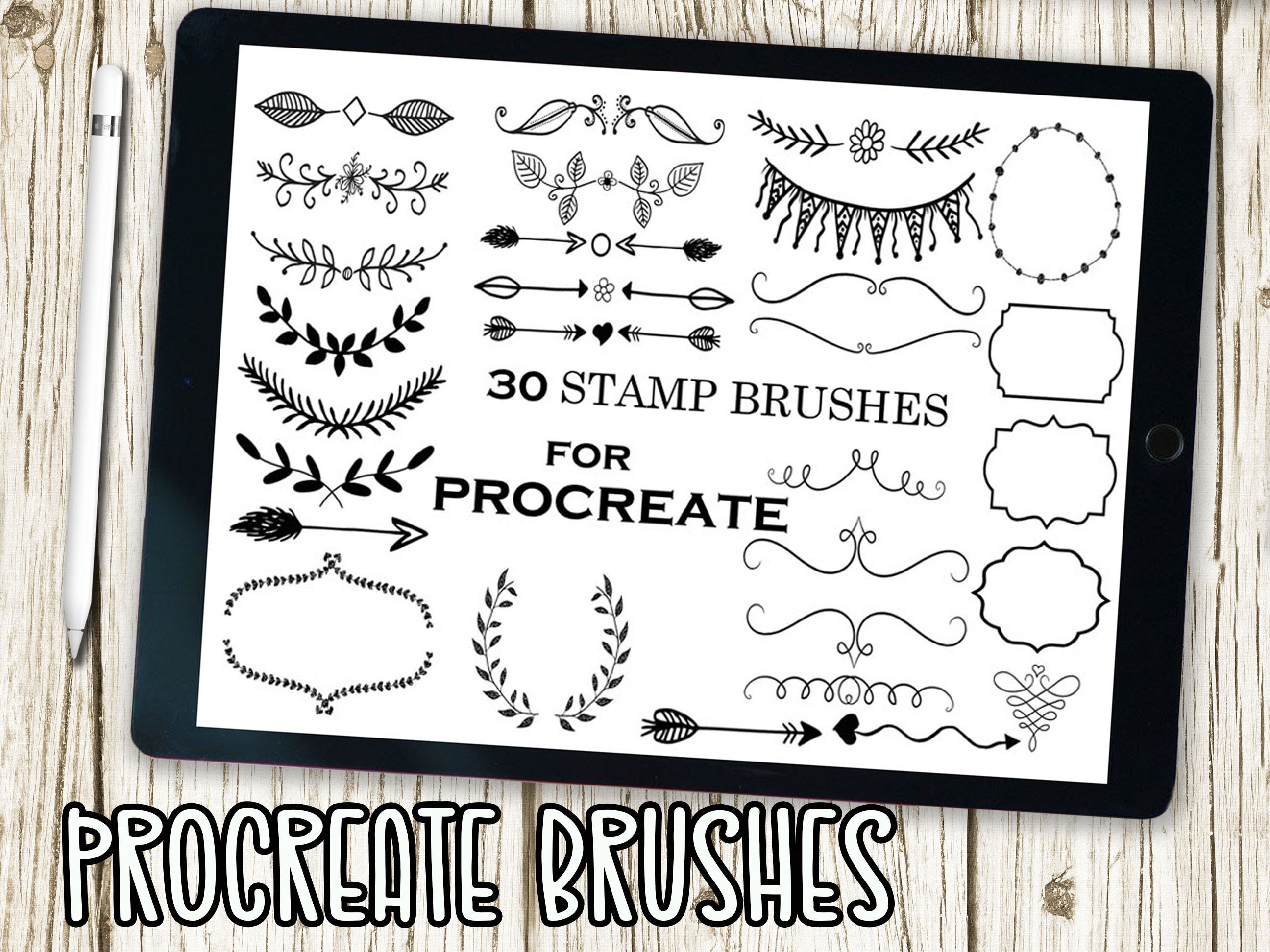 iPad Pro向けProcreateスタンプブラシ―手描きページディバイダー・フローラル・フローリッシュ・矢印30点セット