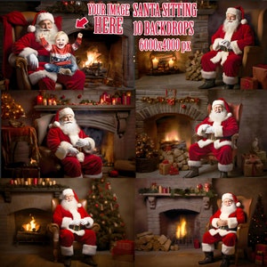May include: Ten digital backdrops featuring Santa Claus sitting in a chair by a fireplace. The backdrops are 6000x4000 pixels and are perfect for adding a festive touch to your photos.