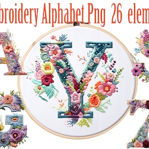 刺繍アルファベット クリップアート、刺繍文字 PNG、刺繍モノグラム、装飾文字、花のアルファベット、結婚式の文字、刺繍フォント