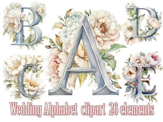 Wedding Monogram clipart,Floral Alphabet clipart,Floral Letters Png,Watercolor Alphabet png,Wedding letters png,White Flower letters clipart