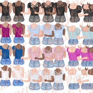 May include: Digital illustration of 20 different women wearing various tops and denim shorts. The women are all standing with their arms around each other. The tops include a variety of colours and styles, including black, blue, pink, white, and floral.