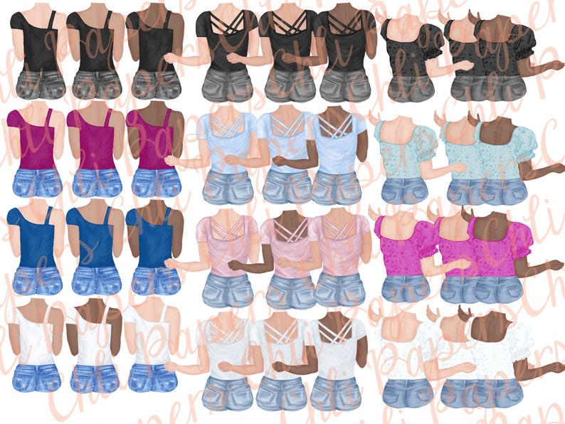 May include: Digital illustration of 20 different women wearing various tops and denim shorts. The women are all standing with their arms around each other. The tops include a variety of colours and styles, including black, blue, pink, white, and floral.