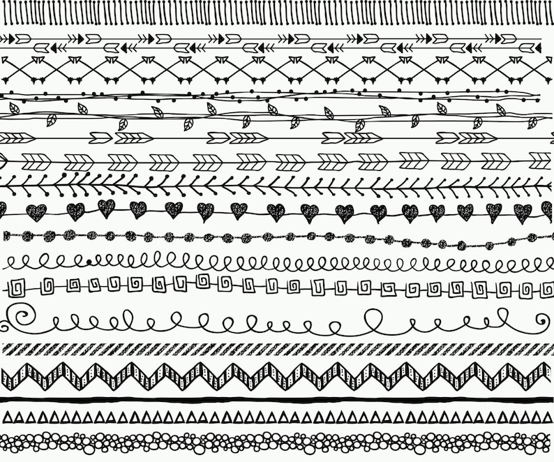 May include: A set of 14 black and white hand-drawn border designs. The designs include arrows, hearts, leaves, lines, and geometric shapes.