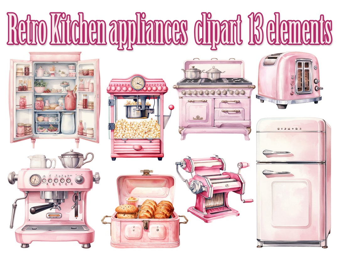 Retro Kitchen Appliance Clipart,retro Pink Clipart,household  Objects,watercolor Clipart, Vintage Kitchen Png,kitchen Stickers,retro  Fridge 