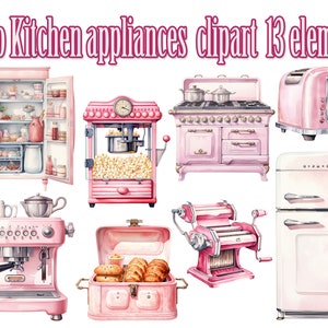Retro Kitchen Appliance Clipart,Retro Pink Clipart,Household Objects,Watercolor clipart, Vintage Kitchen Png,Kitchen Stickers,Retro Fridge