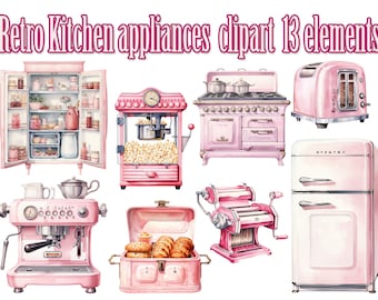 Retro Kitchen Appliance Clipart,Retro Pink Clipart,Household Objects,Watercolor clipart, Vintage Kitchen Png,Kitchen Stickers,Retro Fridge