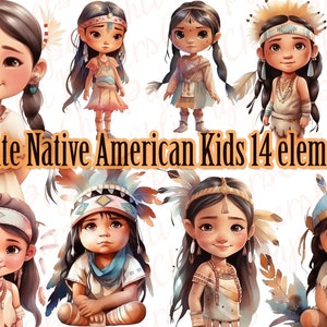Carino clipart nativi americani, bambini indiani carini, clipart ragazza indiana, clipart acquerello, PNG nativi americani, ragazzo nativo americano, sublimazione