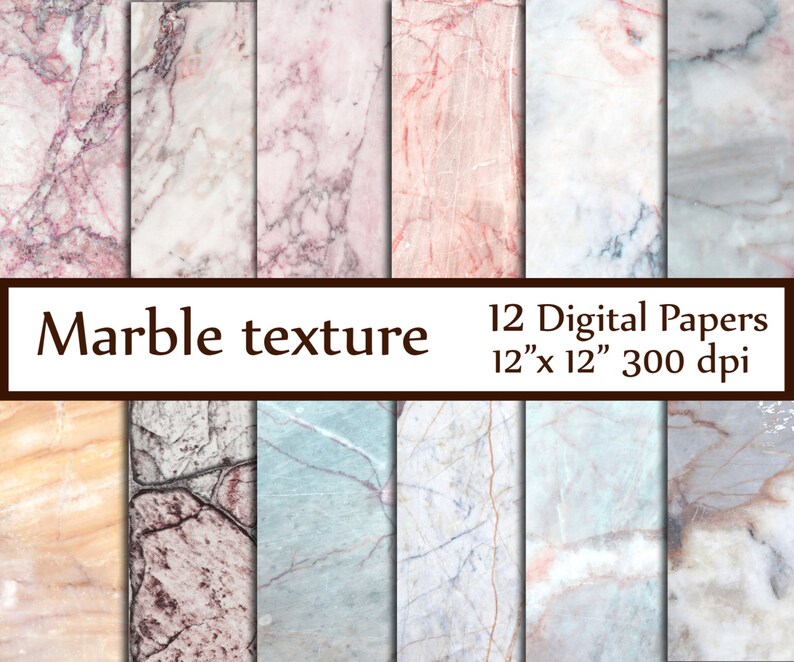 May include: Twelve digital marble texture papers in various colors and patterns. Each paper is 12 inches by 12 inches and 300 dpi.