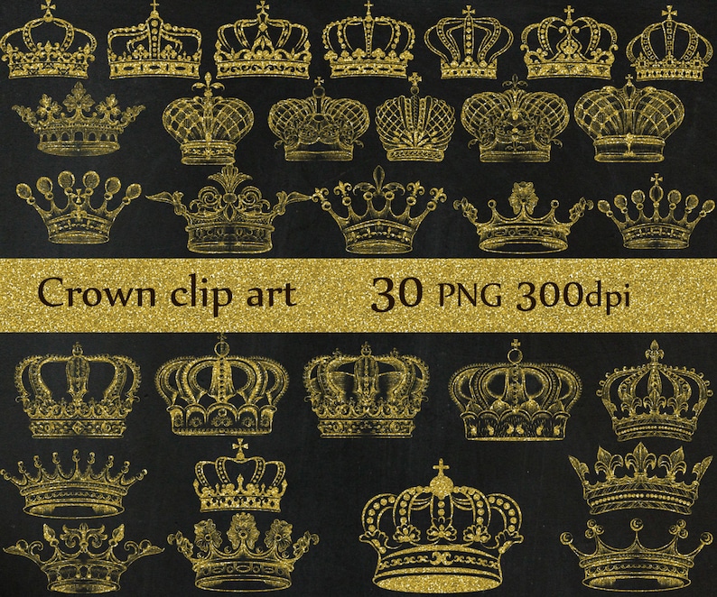 May include: A set of 30 gold glitter crown clip art images. The crowns are in various styles and designs, all with a gold glitter finish.  Crown clip art 30 PNG 300dpi.
