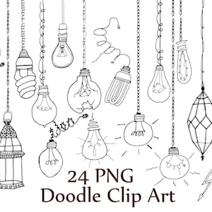 May include: A set of 24 black and white doodle clip art images of light bulbs. The light bulbs are drawn in a variety of styles, including traditional, modern, and vintage. The images are perfect for use in digital scrapbooking, card making, and other craft projects.