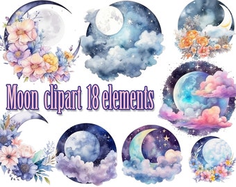Heavenly Moon Clipart,Floral Moon Clipart,Moon clipart,Fantasy magic Moon,Fairytale Clipart,Celestial Clipart,Night sky Bundle,Full Moon Png