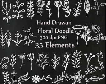 May include: A set of 35 hand-drawn floral doodle illustrations in white on a black background. The doodles include flowers, leaves, and stems. Hand Drawn Floral Doodle 300 dpi PNG 35 Elements