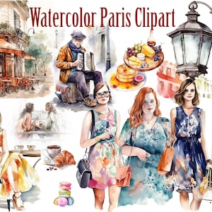 Clipart di Parigi,Clipart di Parigi dell'acquerello,Paris Café Clipart,Paris Sublimations,Streets of Paris clipart,Floral Eiffel Tower,French food Png