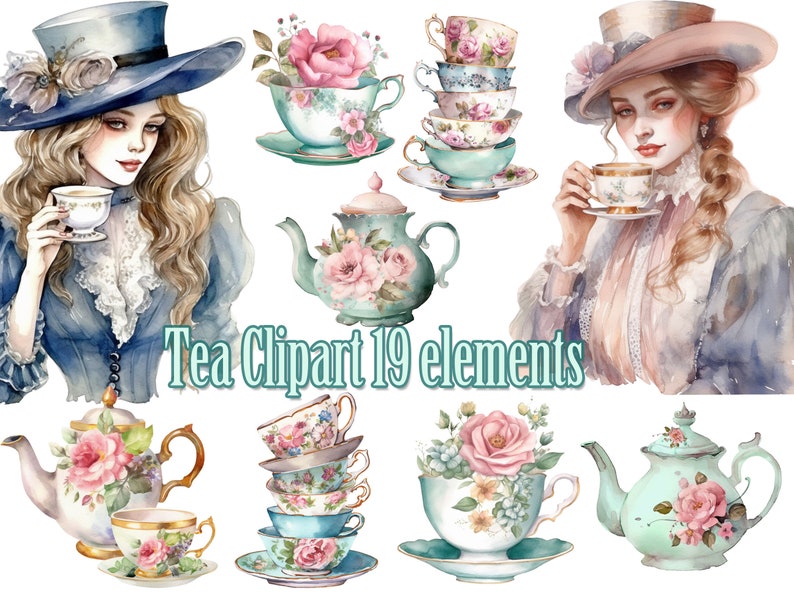 May include: A set of 19 watercolor illustrations featuring teacups, teapots, and ladies in vintage dresses and hats. The illustrations are in shades of blue, pink, and green.