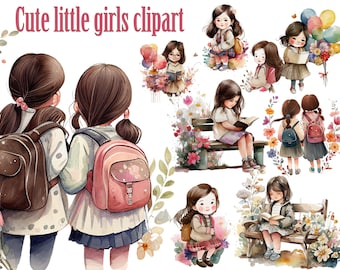 Cute Little Girl Clipart,Girl reading book, Girls Hugging,Girl with balloons, Besties Clipart, Girls Clipart, Sisters Clipart,Friendship