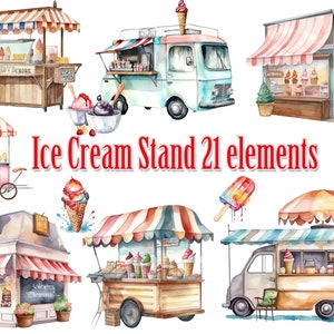 Akwarela Lody Stoisko clipart, Lodziarnia, Lody, Lato Clipart, Sceny Lodziarni, Sceny Lodziarni, Lodziarnia Wózek