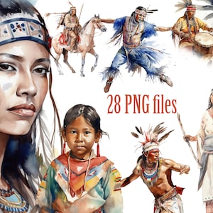Clipart nativi americani, clipart indiani, ballerino nativo americano, capo indiano Png, clipart ragazza indiana, clipart acquerello, PNG nativo americano,