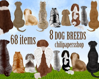 Dog Breeds Clipart,Dogs clip art,Pets Illustrations,Puppies Clipart,Dog lover gift,Dogs back view,Cane Corso Shih Tzu,Pomeranian Doberman