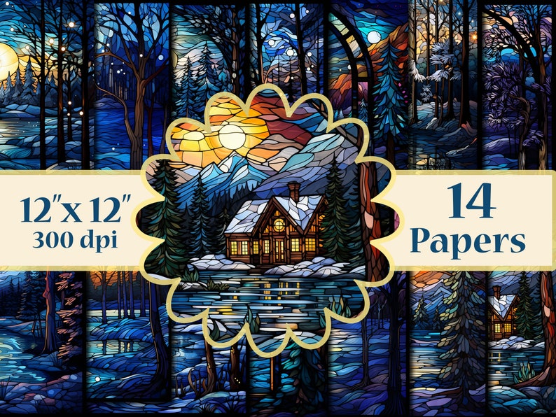 Stained Glass Digital Papers,night Lake Paper, Stained Glass Digital