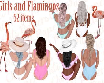 Summer girls clipart,Swimwear girl clipart,Flamingos clipart,Beach Girls clipart,Summer clipart,Beach time clipart,Best friend clipart,Bff